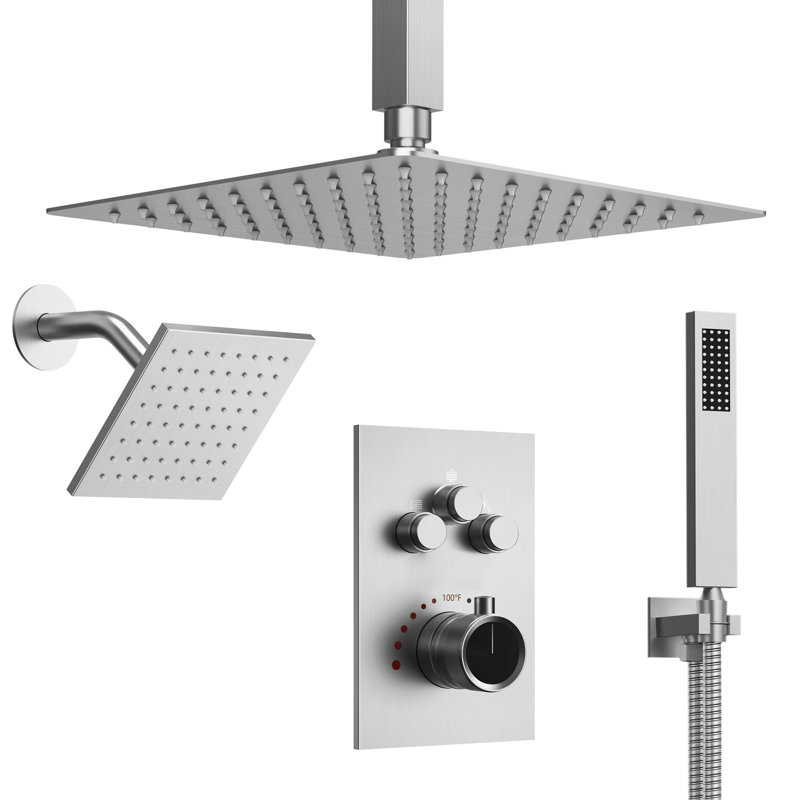 Ceiling Mount 12" High-Pressure Rainfall Shower Faucet, Dual Rainfall Shower Head System with Thermostatic Valve