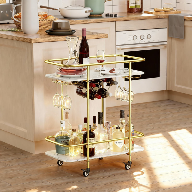 Bar Cart with Glass Holder, Wine Rack, Gold