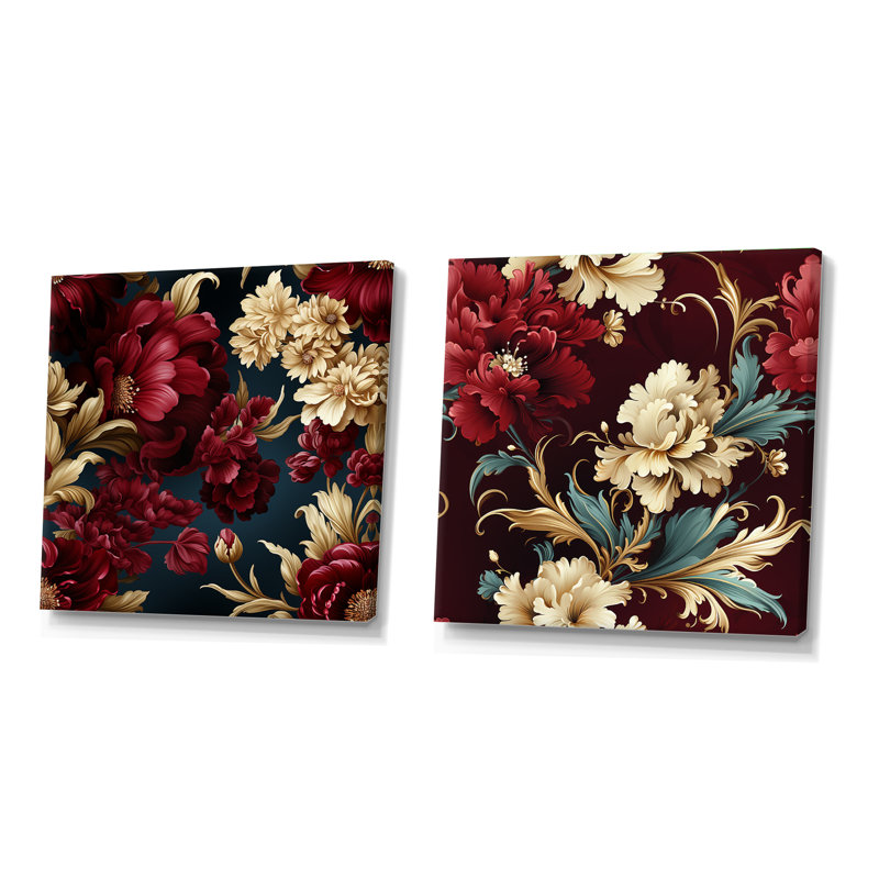 Ensemble de 2 motifs floraux Renaissance, H 16 po x l 33 po, Toile tendue
