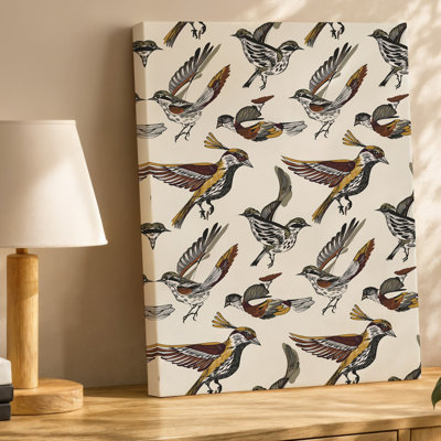 La toile crée un motif sans couture mettant en vedette une variété d'oiseaux stylisés en vol mettant en vedette des lignes complexes et des toiles détaillées