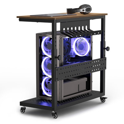 Chariot mobile à hauteur réglable pour unité centrale de traitement, support de tour d'ordinateur avec plateau de particules et structure en métal, support de rangement à 2 niveaux avec roulettes verrouillables, options noir et brun pour le bureau à domicile