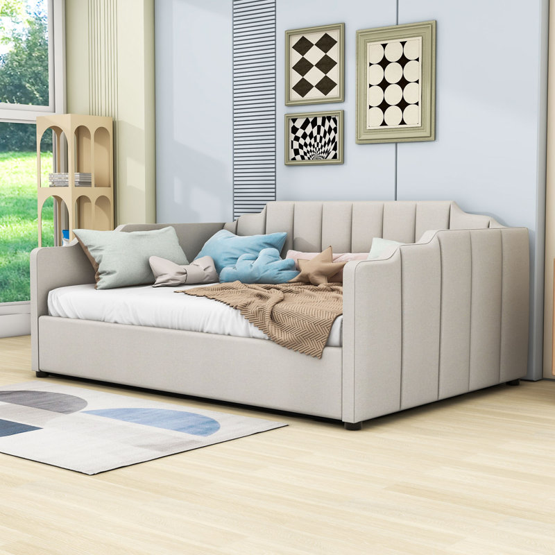 Wooden Upholstered Daybed with Underneath Storage, Full, Beige