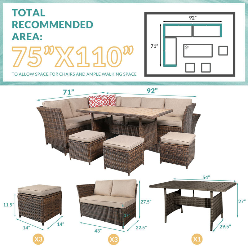 9 - Person Patio Conversation Set with Cushions, Brown