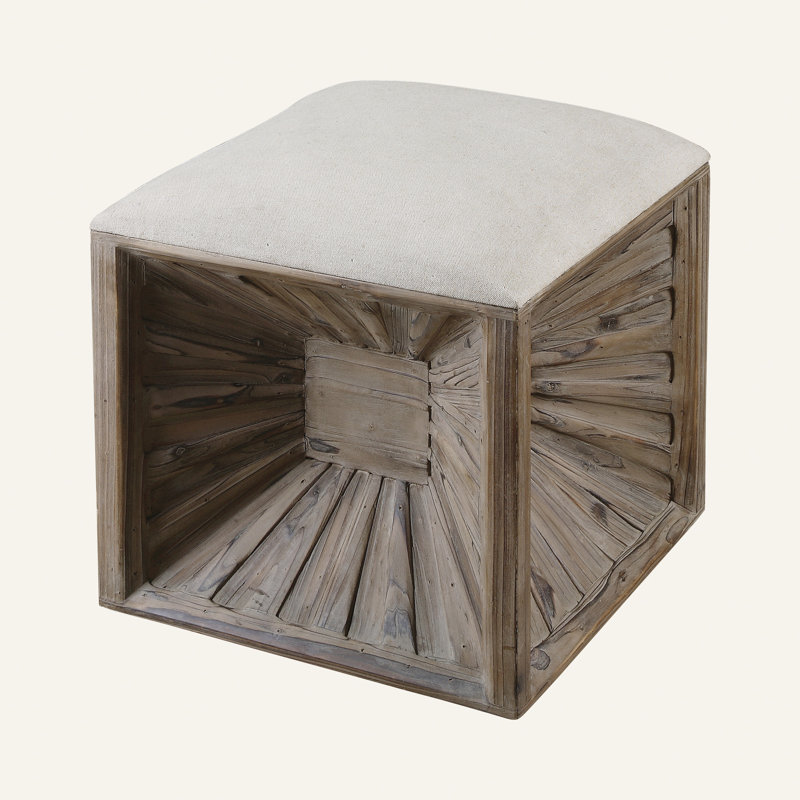 Natural Fir Wood Cube Ottoman with Linen Cushion
