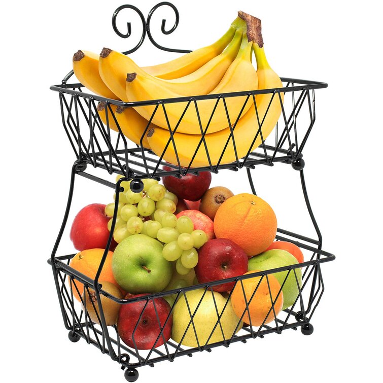 Fruit Basket - 2 Tier Fruit Bowl with Banana Hanger for Kitchen (Black)