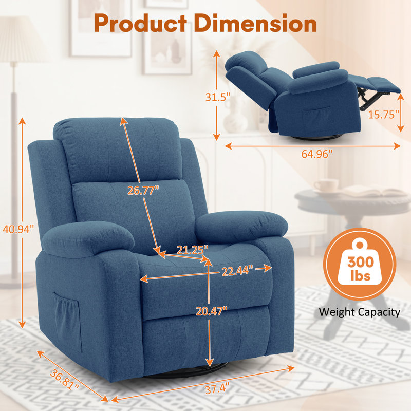 KORSER Recliner Chair ,Recliner With Heat And Massage,360°Swivel Recliners, Rocker Recliner For Adults With Side Pockets