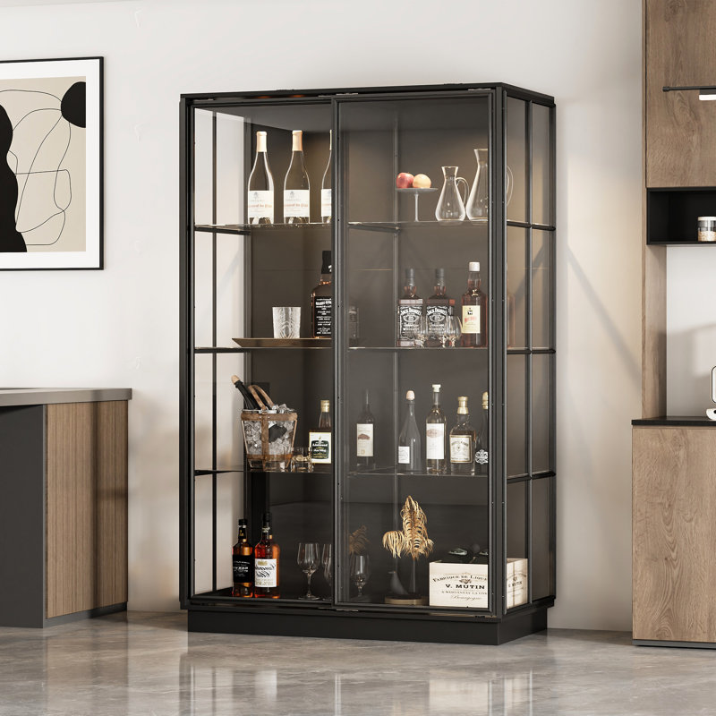 Industrial Metal Display Cabinet With Wood Shelves & Tempered Glass