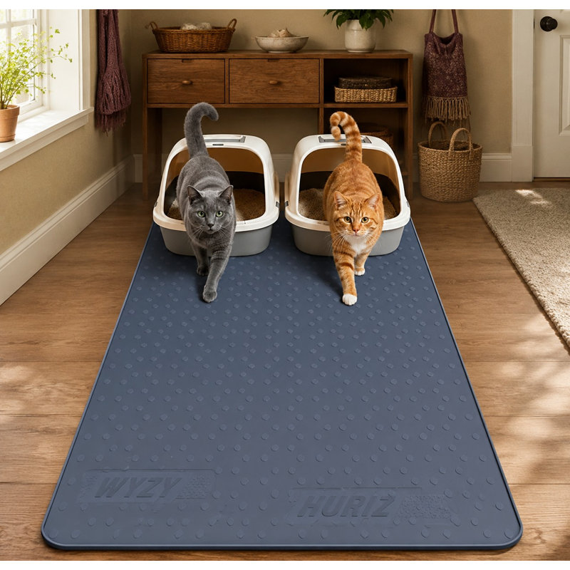 XXXL 52 x 26 in extra-large gray silicone litter mat designed as a jumbo waterproof pet floor mat, with litter-trapping performance and easy cleaning for multi-cat households.