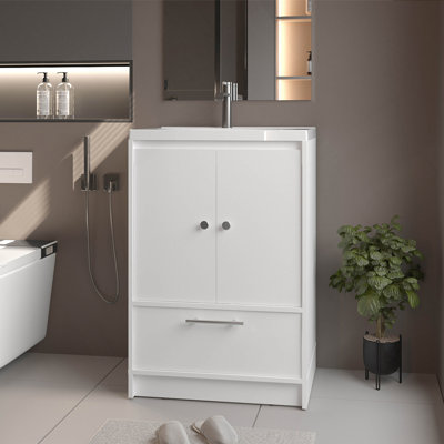 Meuble-lavabo autoportant blanc à 2 portes avec lavabo et tiroir inférieur
