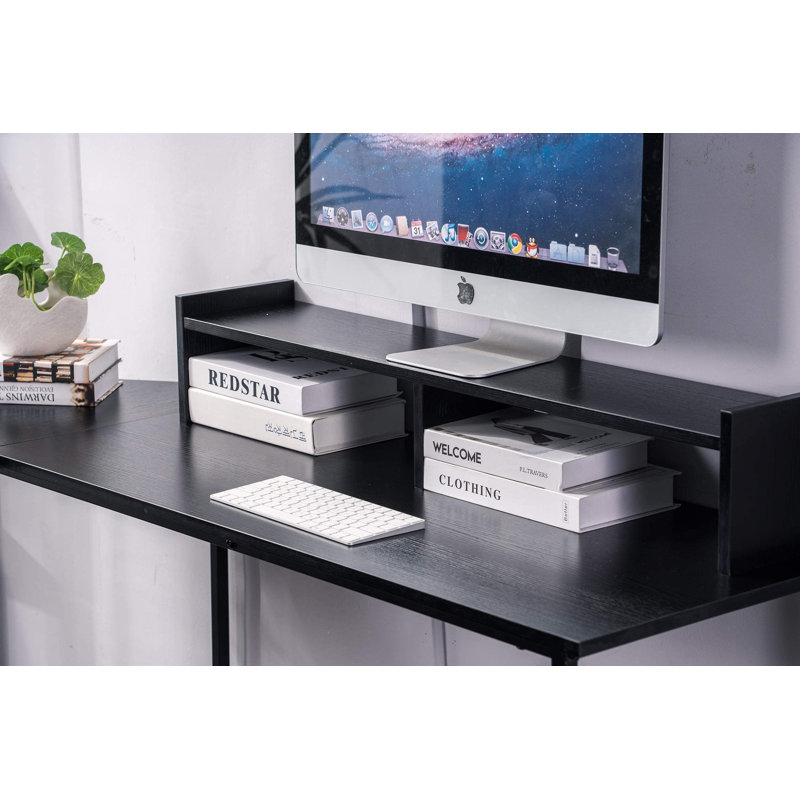 L-Shape Corner Writing Desk with with Monitor Stand, Black/Black