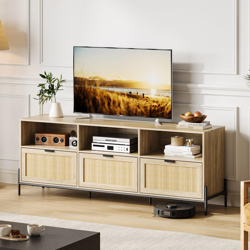 Natural Oak and Rattan TV Stand with Open Shelves and Drawers