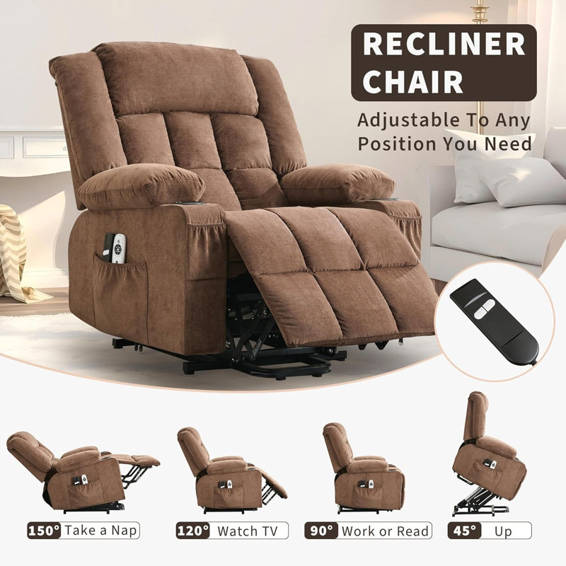 Wide Power Lift Recliner Chair with Massage and Heat, Electric Lift Oversize Single Sofa with Cup Holders, Brown