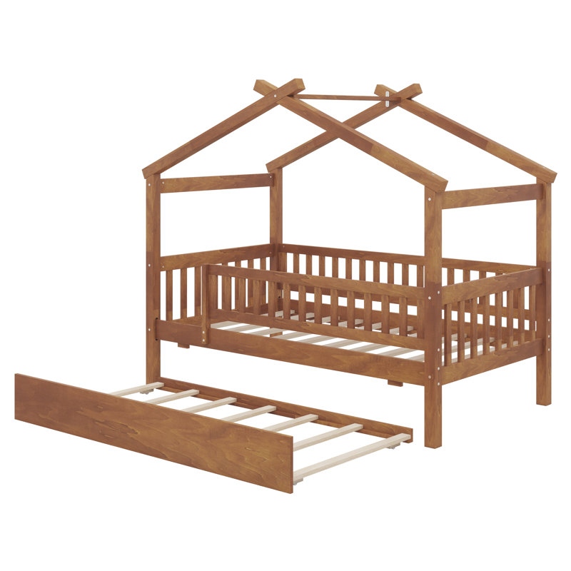 Twin wooden house bed with trundle, Noyer