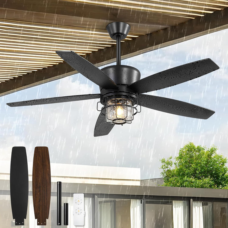 52" Outdoor Ceiling Fans With Lights And Remote Control,IP65 Wet Rated Waterproof Ceiling Fan With 6-Speed DC Motor, Farmhouse Gazebo Fan For Porch Patios Pavilion