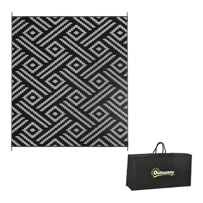 Tapis d'extérieur réversible, tapis de sol en paille de plastique imperméable, tapis de camping portatif avec sac de transport, grand tapis de jardin, terrasse, pique-nique, plage, noir et gris géométrique