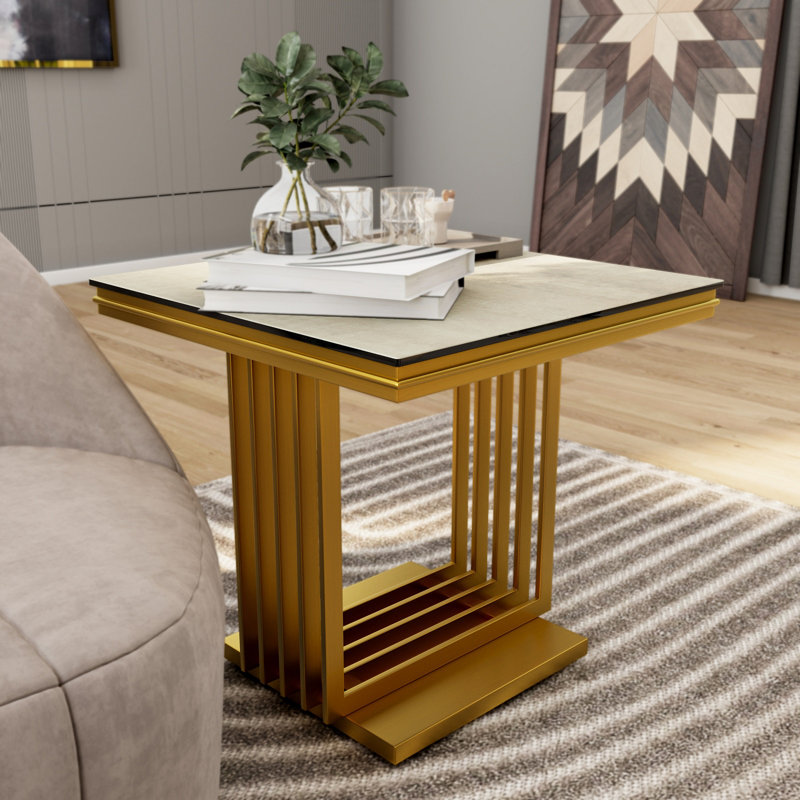 Bredy End Table, Beige, Gold