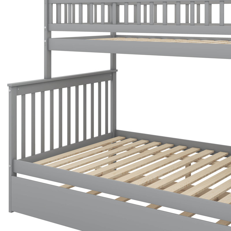 Space-Saving Twin Over Full Bunk Bed With Trundle And Attached Staircase, Gray