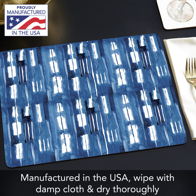 Indigo Blue Geometric Hardboard Placemats with Cork Backing, Set of 4