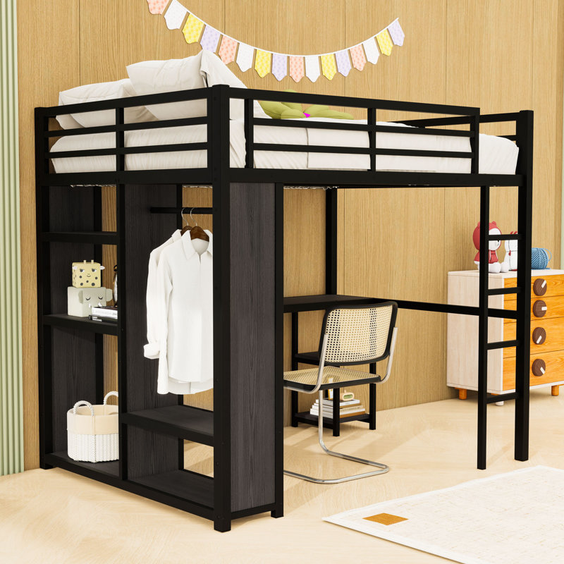 Metal Loft Bed with Wardrobe, Desk and Storage Shelves, Black, Full