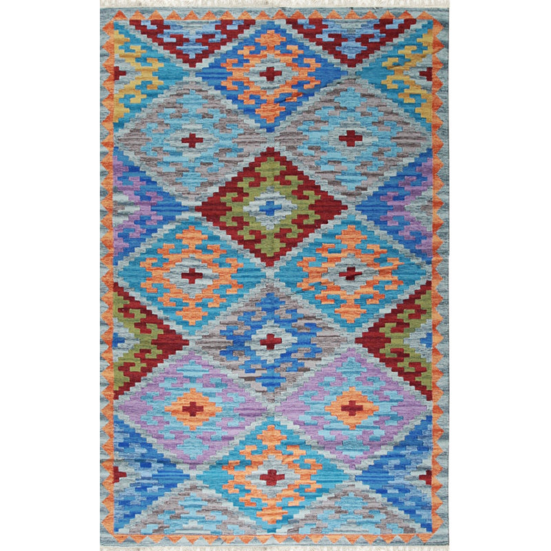 5x8 Multicolor Flat Weave Wool Diamond Cross Geometric Modern Contemporary Carpet Rug