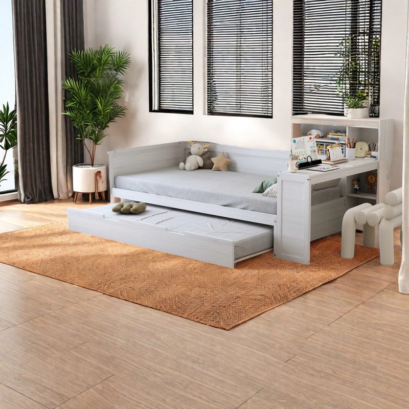 Lits simples multifonctionnels en bois blanc antique avec rangement et bureau d'étude