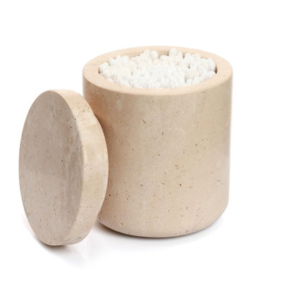 Qtip Holder With Marble Cover, Beige Travertine Cotton Swab Jars, Modern Round Marble Canister(Beige Travertine)