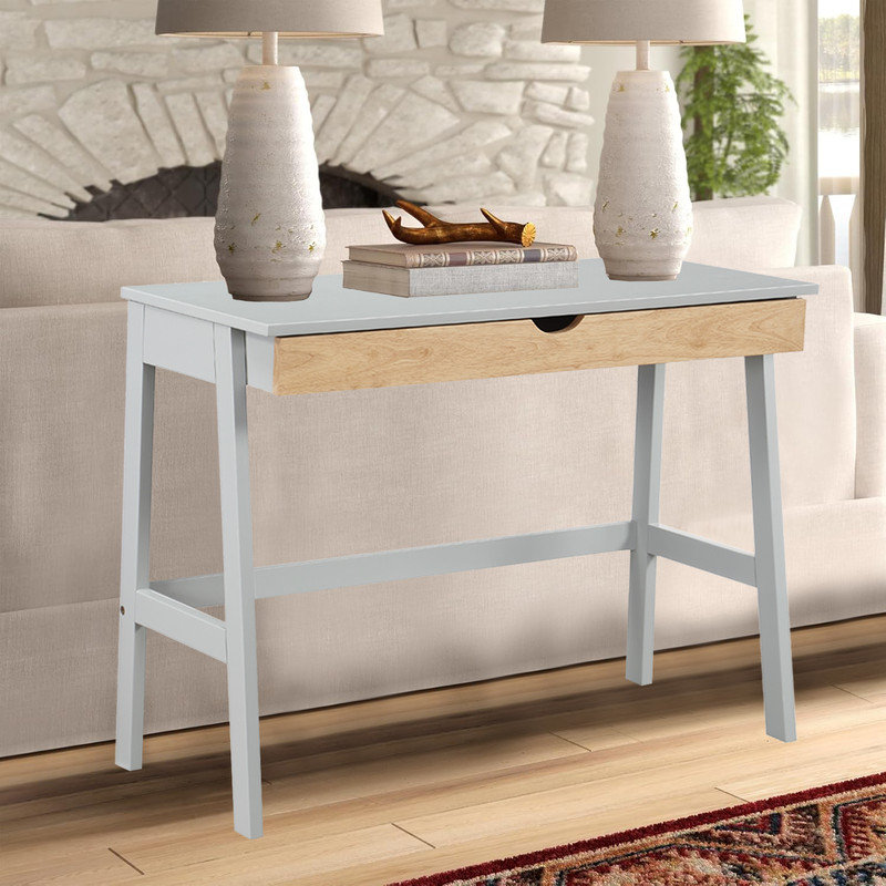 Bureau minimaliste moderne en bois massif avec tiroirs et pieds trapézoïdaux Hilton, Gris