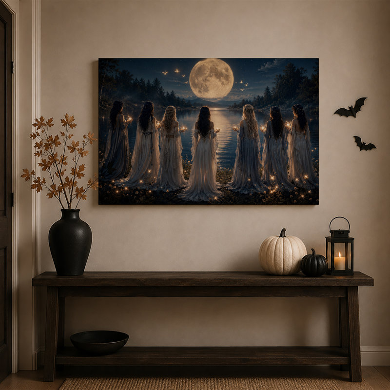 Sept femmes en robes tenant des bougies au clair de lune, tableau sur toile pour l'Halloween, 12"H x 18"W