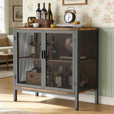Industrial Bar Cabinet with Metal Mesh Doors, 31.4" Coffee Bar & Liquor Cabinet for Home, Adjustable Shelves Rustic Oak Storage for Kitchen, Dining & Living Room
