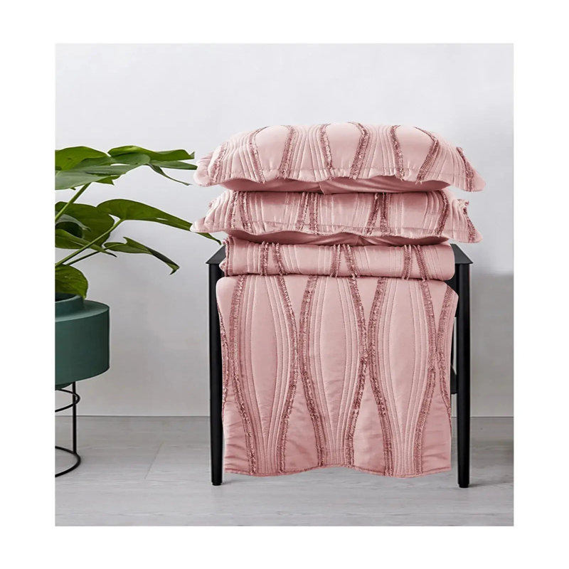 3 Piece Quilted Bedspread Reversible Comforter Bedding Set Bed Throw, Double Bedspread + 2 Standard Shams, Pink Floral