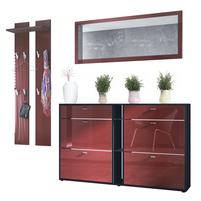 Orlando Hall Tree 215cm Wide with Shoe Storage, Bordeaux High Gloss/Black