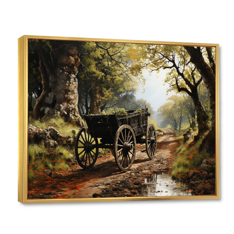 «Brown Old Cart Cart Path» sur toile brune, Cadre flottant doré, H 34 po x l 44 po x P 1,5 po