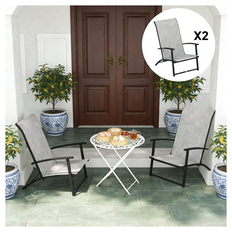 Set of 2 Gray High Back Folding Mesh Chairs for Outdoor Dining and Camping, Gray