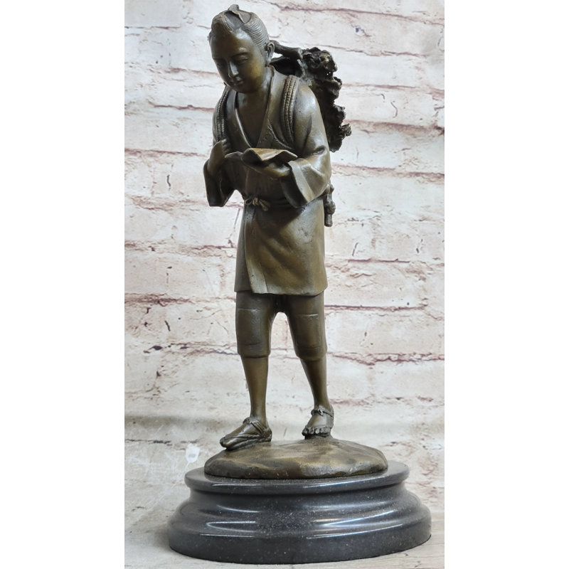 Statue art déco en bronze à base de marbre, écolier chinois