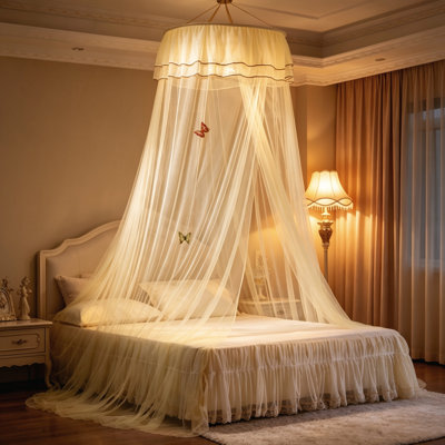 Auvent de lit Dome Princess avec double garniture en dentelle, filet respirant en filet de polyester respirant, conception de cerceau pliable, s'adapte aux grands lits très grands, montage au plafond facile pour une décoration de chambre romantique