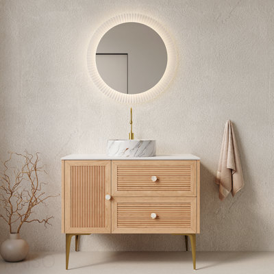 36" Bathroom Vanity With Sink, Freestanding Plywood Storage Cabinet With 4 Metal Legs, Door And 2 Drawers, White Ceramic Basin With Stone Pattern, No Faucet, Pre-Assembled, Oak Woodgrain Color
