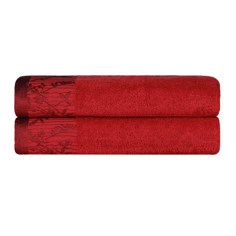 Carinna Cotton Medium Weight Floral Jacquard Border Assorted Bathroom Towel Set, Garnet, Bath Towels - 2 Pack