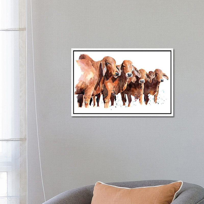 Texan Brahmans - Painting on Canvas, 66.04 cm H x 45.72 cm W, White Framed