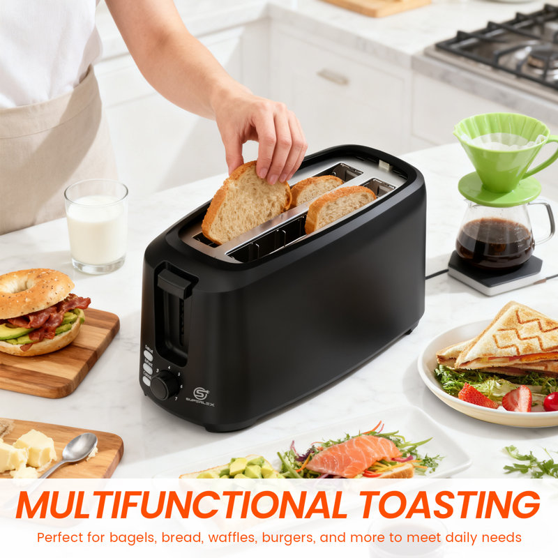 SUPERLEX 4-Slice Long Slot Toaster, 1450W Extra Wide with 7 Browning | Reheat, Defrost & Cancel Functions, Removable Crumb Tray, for Artisan Bread, Baguettes & Thick Slices, Matt Black