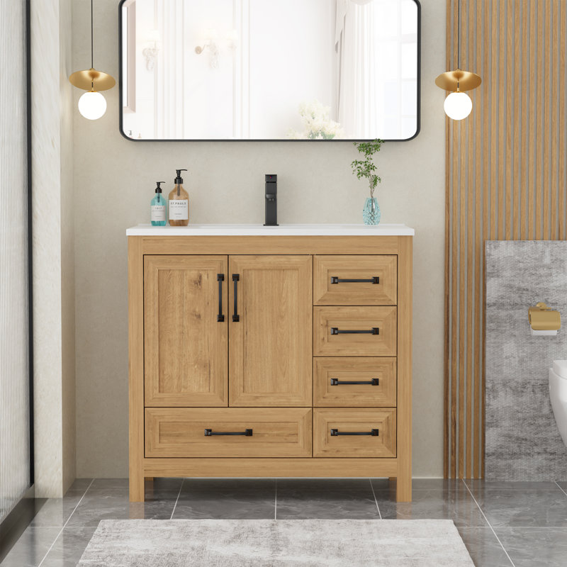 36" Modern Farmhouse Single Bathroom Vanity With Resin Sink Top, Faucet, Assembly Required, 36"