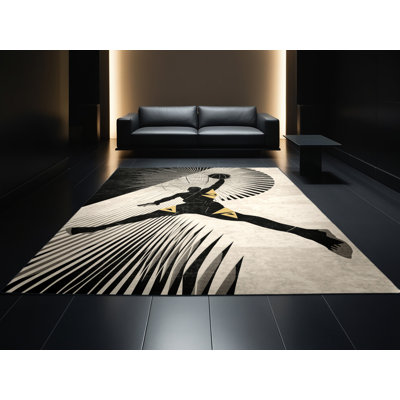 Machine Washable Rayan Basketball Dunk Bold & Eclectic Modern Geometric Rug in Beige – Black Binding