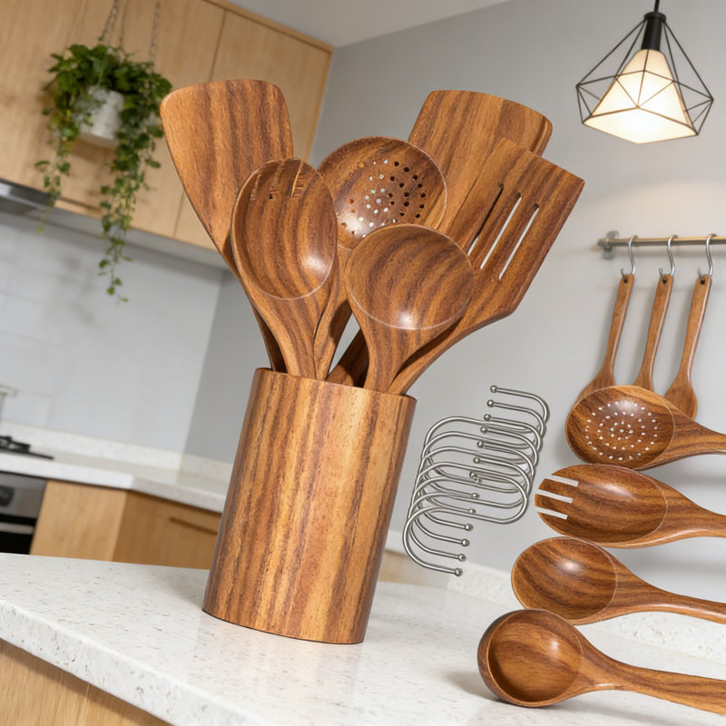 10-Piece Natural Teak Wooden Utensil Set With Holder For Cooking, Non-Scratch Spatulas Spoons For Nonstick Cookware, Heat-Resistant & Durable Kitchen Tools With Storage Caddy And Spoon Rest