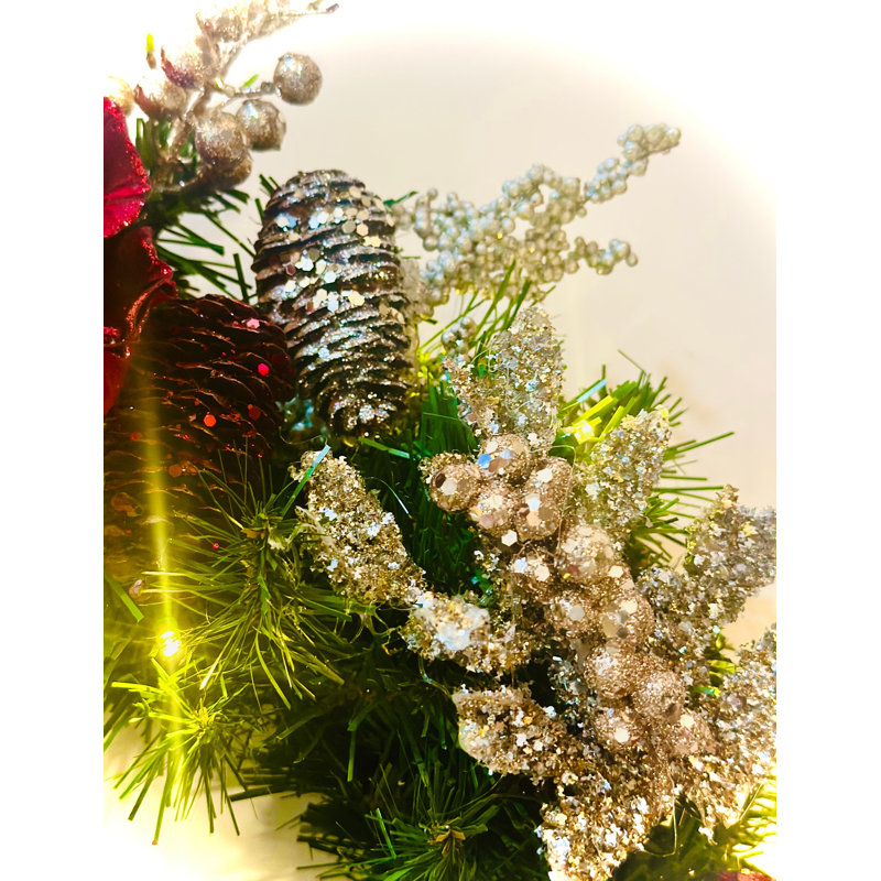Couronne de Noël bourgogne et métallique pré-éclairée: couronne de Noël bourgogne, blanche, platine et or / champagne