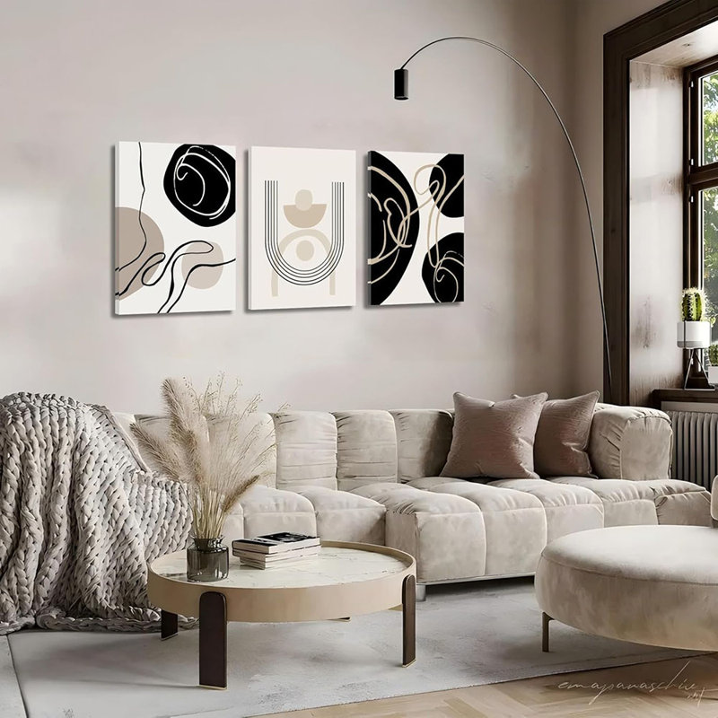 3Pcs Boho Neutral Geometric Canvas Wall Art Black Minimalism Line Painting Picture Wall Decor Mid Century Modern Abstract Poster Print Artwork For Livingroom Bedroom Bathroom Home Decoration