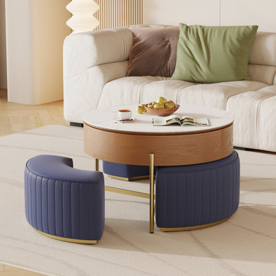 Lift Top Extendable 3 Storable Stools Sintered Stone Coffee Table with Storage