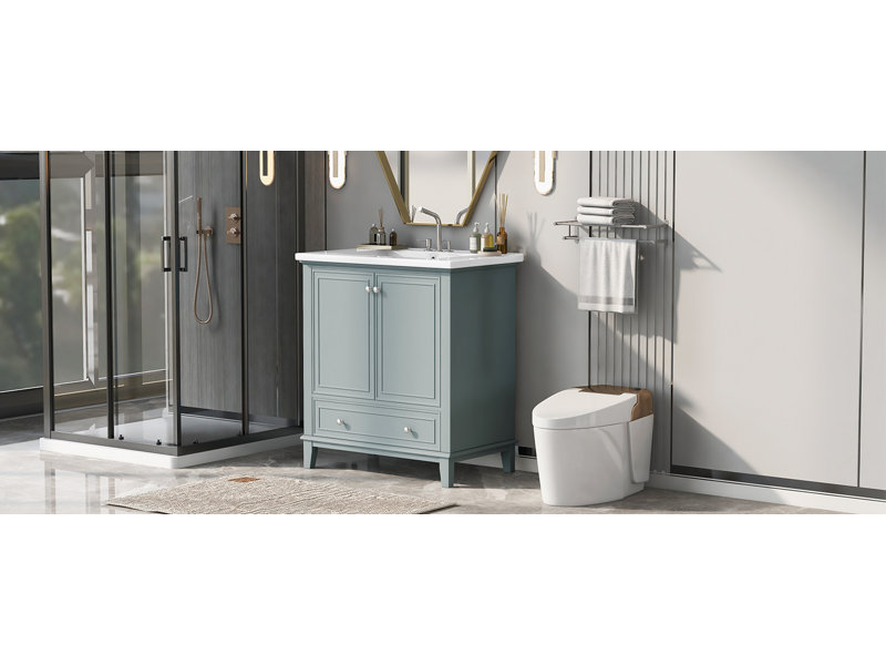 Meuble-lavabo simple 30 po avec lavabo en céramique gris et bleu, 30 portes, 2 portes avec supports de rangement, tiroir avec séparateur, tablette réglable, autoportant