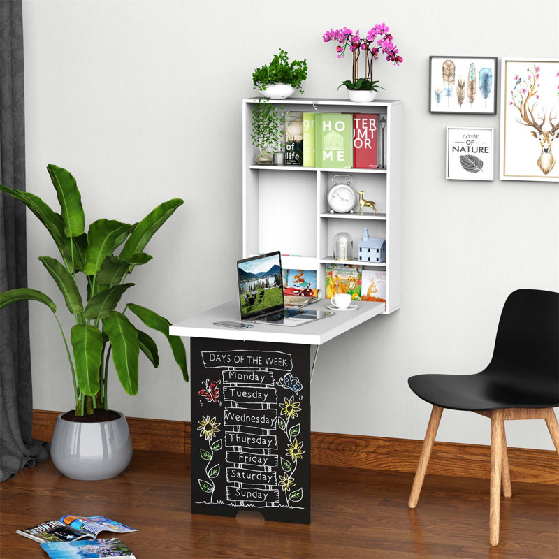 Bureau mural pliable avec étagères et tableau blanc pour un gain de place dans votre bureau à domicile (BUREAU SEULEMENT, CHAISE NON INCLUSE)