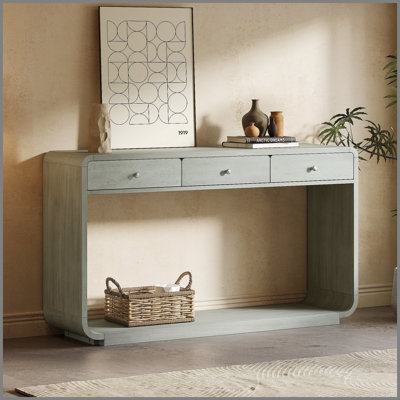 Console de style antique, 3 tiroirs de rangement, tablette de présentation, pieds courbés, finition peinte, entrée / couloir / salon, vert sauge