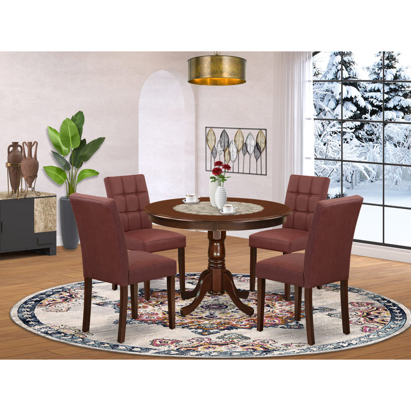 5 Piece Modern Dining Set contain A Mid Century Modern Dining Table and 4 Burgundy Polyester Fabric Upholstered Dining Chairs, Mahogany