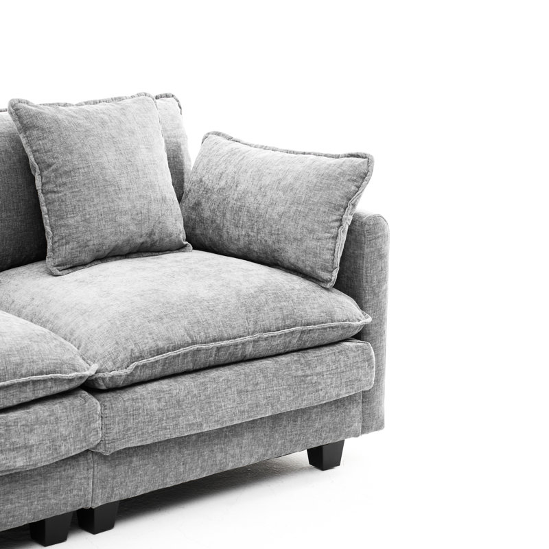 Gray 3 Seat Sofas with Movable Ottoman, Chenille Modern Living Room